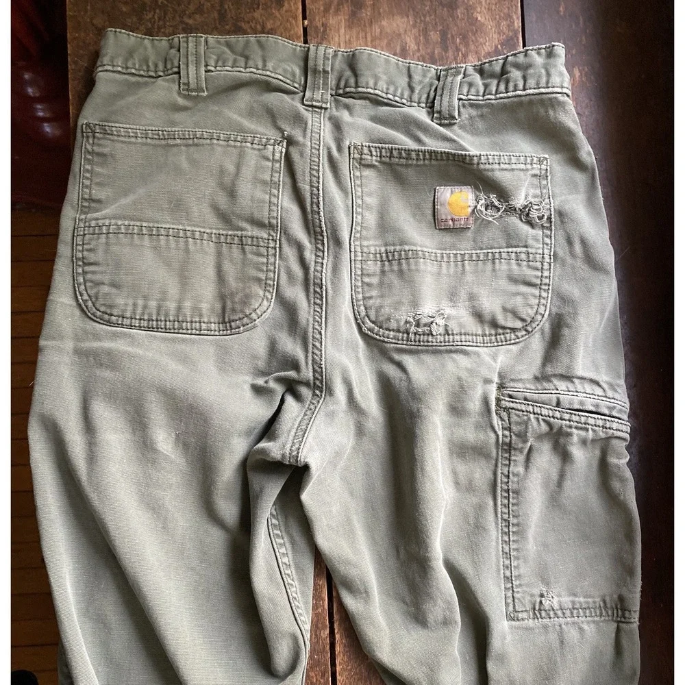 CARHARTT Distressed Streetwear Skate Relaxed Work Worn Pants, Grail, 33x34 Moss